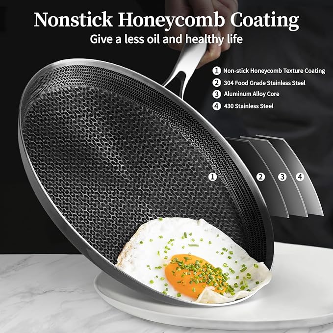 Stainless Steel Crepe Pan - 11inch Nonstick Crepe Pan, Stainless Steel Honeycomb Coating Pancake Pan, Non Stick Flat Skillet Tawa Dosa Tortilla Griddle Pan, Induction Compatible, PFOA Free