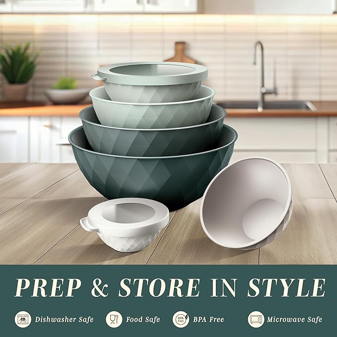COOK WITH COLOR Mixing Bowls with Lids - 12 Piece Plastic Nesting Bowls Set includes 6 Prep Bowls and 6 Lids, Diamond Design - Microwave Safe (Mint)