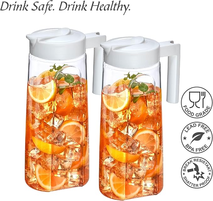 Amazing Abby - Slim - 2-Pack Tritan Pitcher (64 oz), Unbreakable Plastic Water Pitcher with Lid, BPA-Free, Heat-Resistant, Dishwasher-Safe, Great for Both Iced and Hot Drinks, White