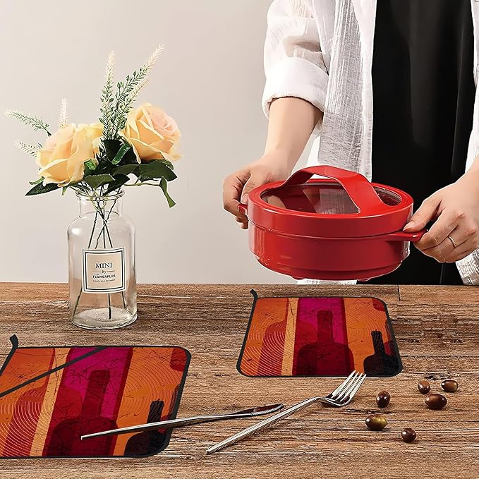 Abstract Wine Pot Holders 2 PCS for Kitchen, Heat Resistant Hot Pads for Cooking Grilling Baking BBQ, Pot Holders for Women Cook Essentials Accessories Home Microwave