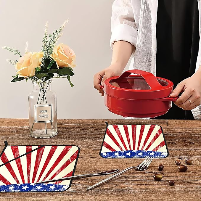 4th of July Grunge American Flag Pot Holders for Kitchen Heat Resistant Pot Holders Set of 2 Oven Hot Pads Pot Holders for Cooking Baking BBQ Gifts for Women