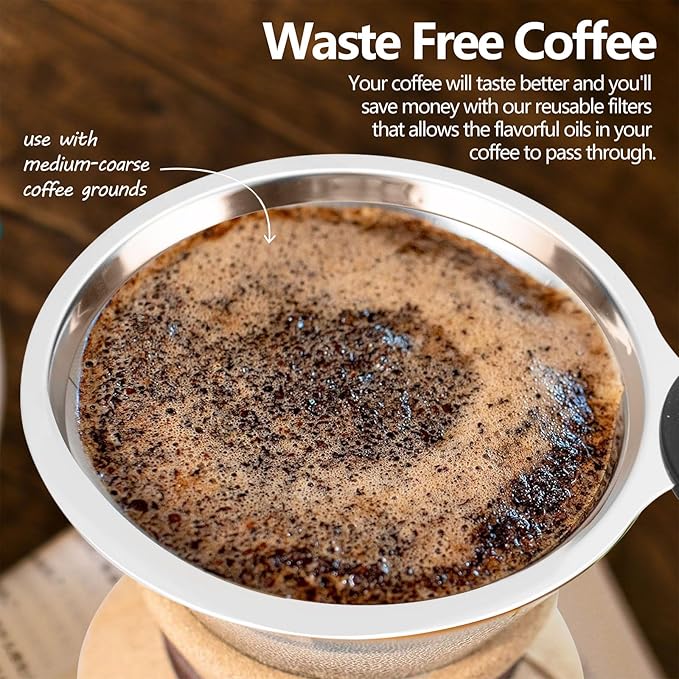 2 Pack Coffee Filters Compatible with Chemex (6, 8, 10 cup) and Hario V60 02 and 03 drippers, Pour Over Coffee Filters- Reusable and Permanent Coffee Cone Dripper