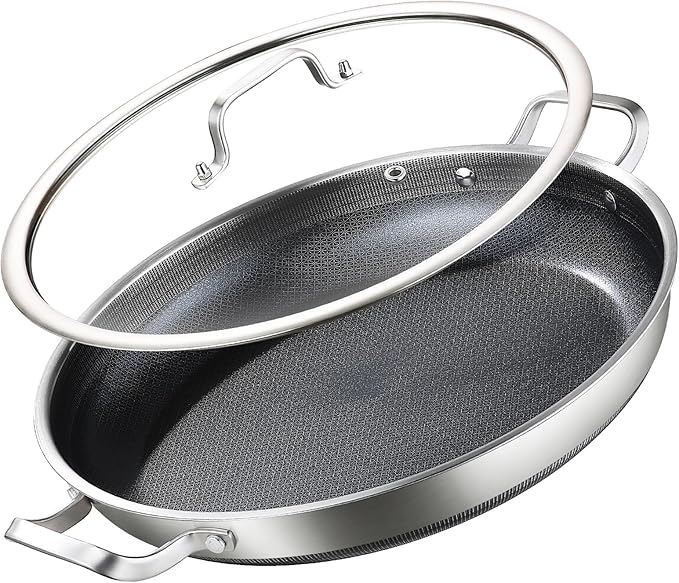 DELARLO Nonstick Paella Pan With Lid 14 Inch, Tri-Ply Stainless Steel Large Skillet, Everyday Pan, Fast & Even Heating Induction Cooking Pan, Dishwasher and Oven Safe, Heavy Duty Style