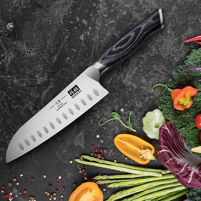 SHAN ZU 7 Inch Japanese Chef Knife, Professional Kitchen Knives, Japanese Super Steel Sharp Santoku Knife with K133 Ergonomic Handle, Black Tortoise Genbu Series