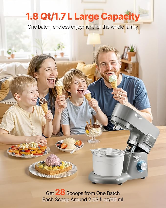VEVOR Ice Cream Maker, 1.8 Qt. Capacity, 6-Speed Electric Stand Mixer, with LED Digital Display & Timer, Mixing Paddle, Dough Hook, Splash Guard, for Homemade Frozen Yogurt Fruit Sorbet Gelato, Grey