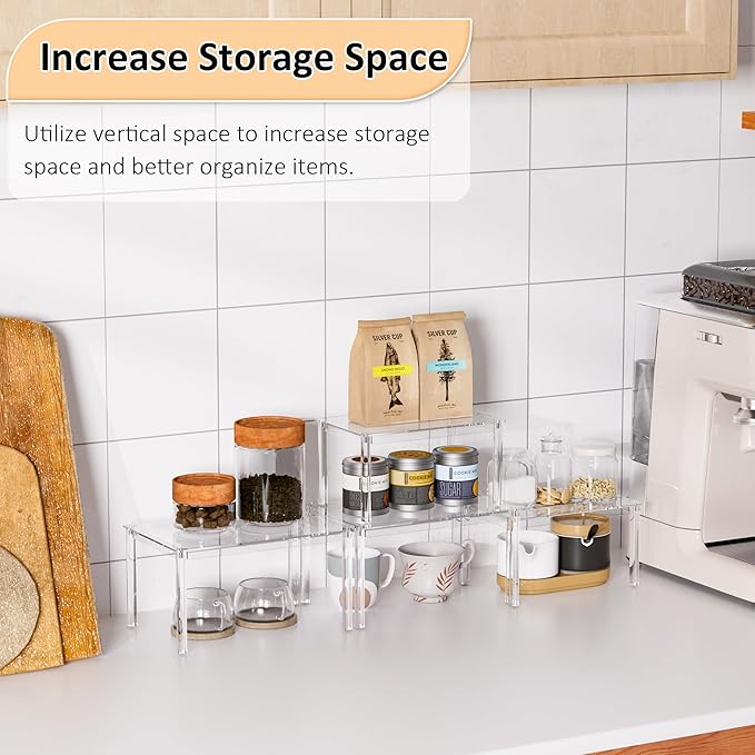 Acrylic Cabinet Organizer Shelf Set of 4, Clear Kitchen Counter Shelves Spice Rack, Pantry Kitchen Storage, Stackable, Expandable, Moisture Resistant
