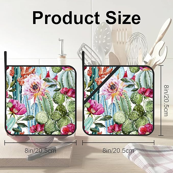 Watercolor Cactus Flower Pot Holders Set of 2: Heat Resistant, Waterproof, Stain-Resistant, Easy to Clean, Kitchen Decor