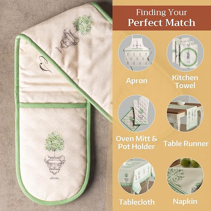 Maison d' Hermine Double Oven Mitts 100% Cotton 7"x35" Double Oven Mitt Heat Resistant BBQ Cooking Gloves with Loop, Baking, Grilling, Home, Kitchen, Handling Hot Pans Spring Summer (Jardin Du Roy)