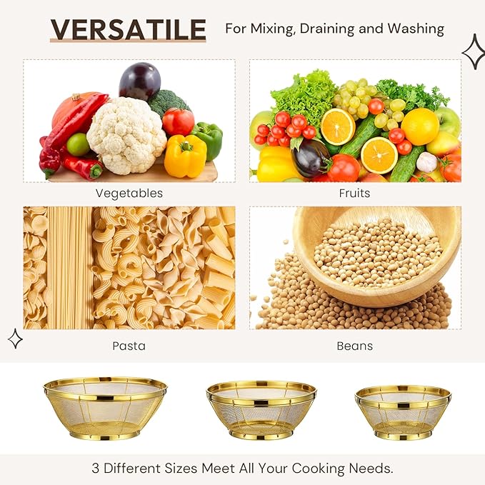 Baderke 3 Pieces Stainless Steel Gold Colander Metal Strainer with Handle Pasta Gold Colander for Kitchen Draining Pasta Rinsing Vegetables Rice Food, 3 Sizes (1.5-3-5 Quart,Novel)