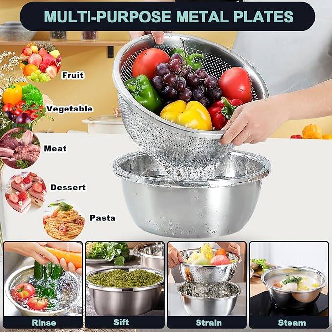 8+1 Stainless Steel Colander Set with Mixing Bowl, 4 Sizes (1.8QT, 2.3QT, 3QT, 4QT) with 1 Mesh Strainer, for Washing Rice, Fruits, Vegetables, Draining Pasta, Meat, and Spaghetti