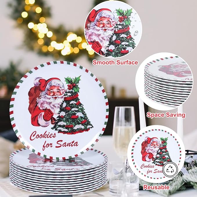 10-Inch Christmas Melamine Dinner Plates, 12-Piece Dishes Set, Lightweight & Stackable for Holidays& Decor Party plates, Ideal for Salad,Dessert,Fruit and Cakes
