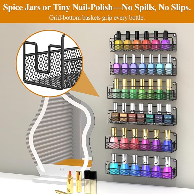 Wall Mounted Spice Rack Organizer, Pantry Door Organizer & Hanging Storage Baskets, Metal Spice Shelf for Kitchen Cabinet, 3 Depth Sizes Hold Large Jars to Nail Polish Bottles, 6 Pack