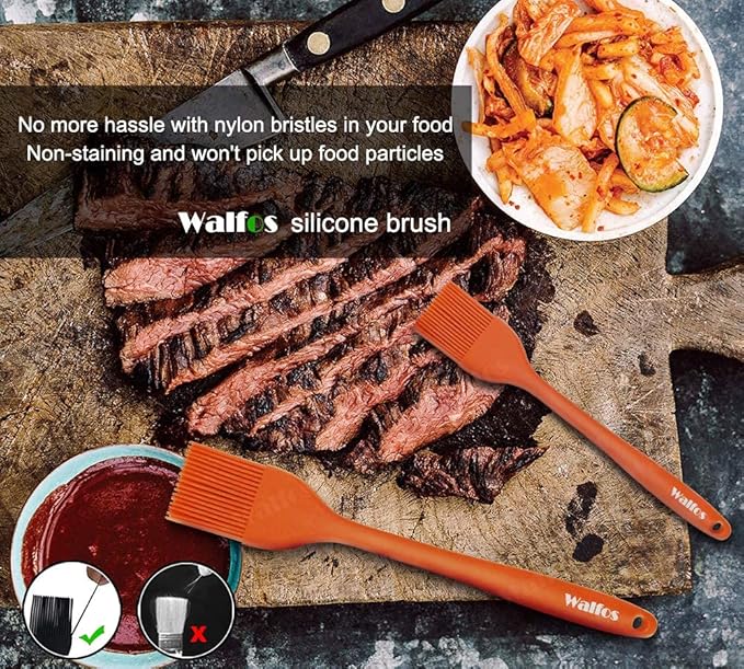 Walfos Silicone Basting Pastry Brush, Heat Resistant Pastry Brush Set, Strong Steel Core and One-Pieces Design, Perfect for BBQ Grill Kitchen Cooking, BPA Free and Dishwasher safe, 2 Pcs (orange)