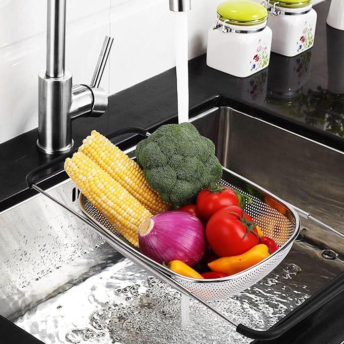 ZDRongZhen Kitchen Accessories Over the Sink Colander Strainer Basket,Stainless Steel Colander with Expandable Rubber Grip Sink Drainer-Rinse Vegetables Fruits &Strain&Drain (Large-Dense round hole)
