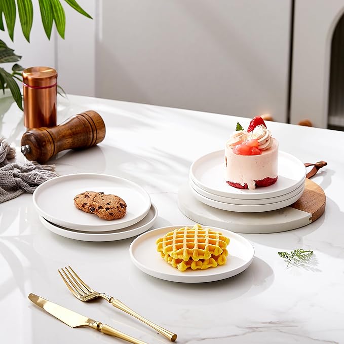 Matte Ceramic Appetizer Plates 6 Inch,Small Mini Dessert Plates Set of 4,Microwave and Oven Safe Snack,Bread,Butter Dessert,Pie,Cake Plates Cat Dishes(6 inch, White)