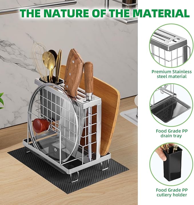 Knife Block Holder, Kitchen Knife Holder Storage Organizer,Utensil & Cutlery Caddy, Cutting Board Holder, Pot Lid Stand with Anti-Slip Pad for Countertop, Space-Saving (Silver)
