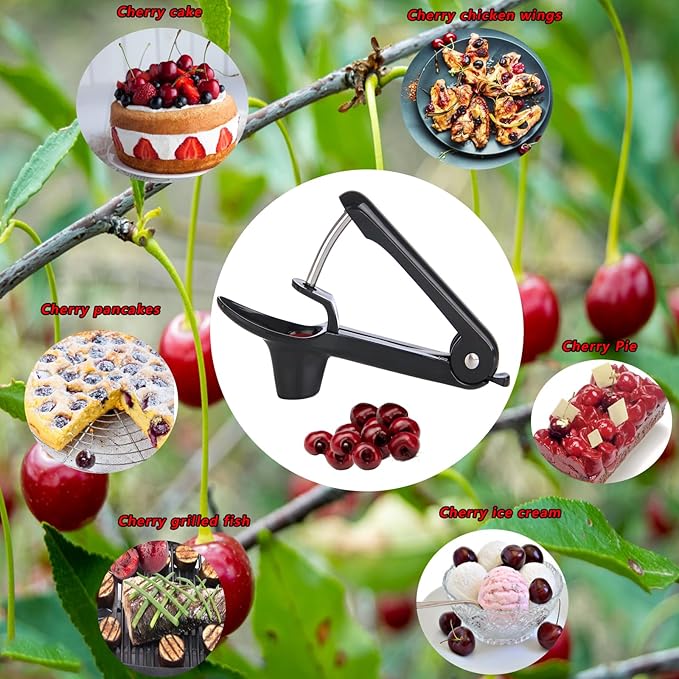 Cherry Pitter, Stainless Steel Olive and Cherries Pitters Corer Tool with Space-Saving Lock Design, Multi-Function Fruit Pit Remover for Cherry Jam (Black)