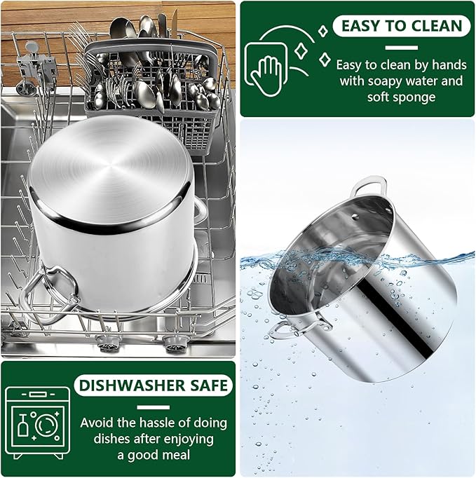 P&P CHEF 10 Quart Tri-Ply Stainless Steel Stockpot, Stock Pot with Visible Lid for Soup Pasta Vegetable, Induction Cooking Pot for All Stoves, Sturdy & Double Handle, Dishwasher Safe