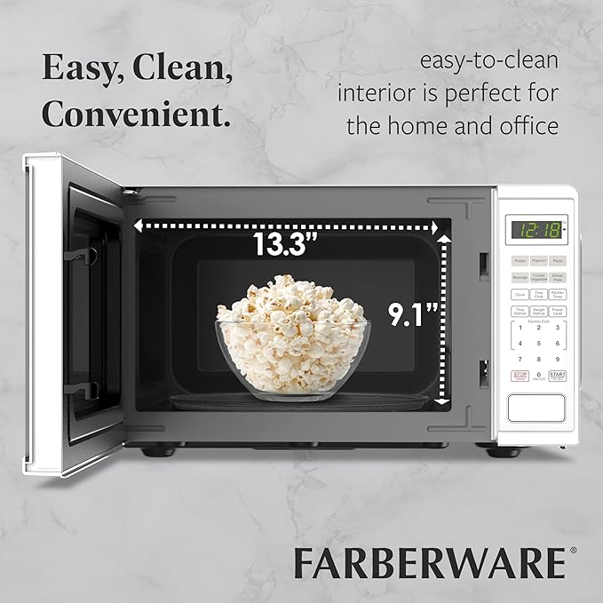 Farberware 0.9 Cu. Ft. 900-Watt Oven Auto, Defrost, & Express Cooking – Compact Countertop Microwave with Digital Display & Safety Lock, White