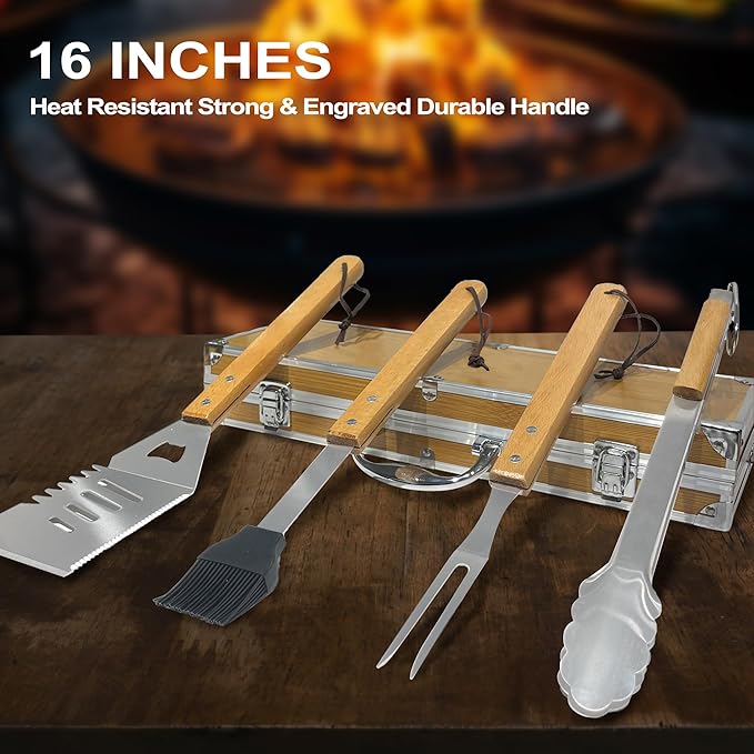 Grilling Accessories Anniversary Birthday Gifts for Dad/Husband, Heavy Duty Wooden BBQ Kit with Apron for Backyard, Thick Stainless Steel Grill Utensils with Non-Slip Handle Tools in Portable Bag