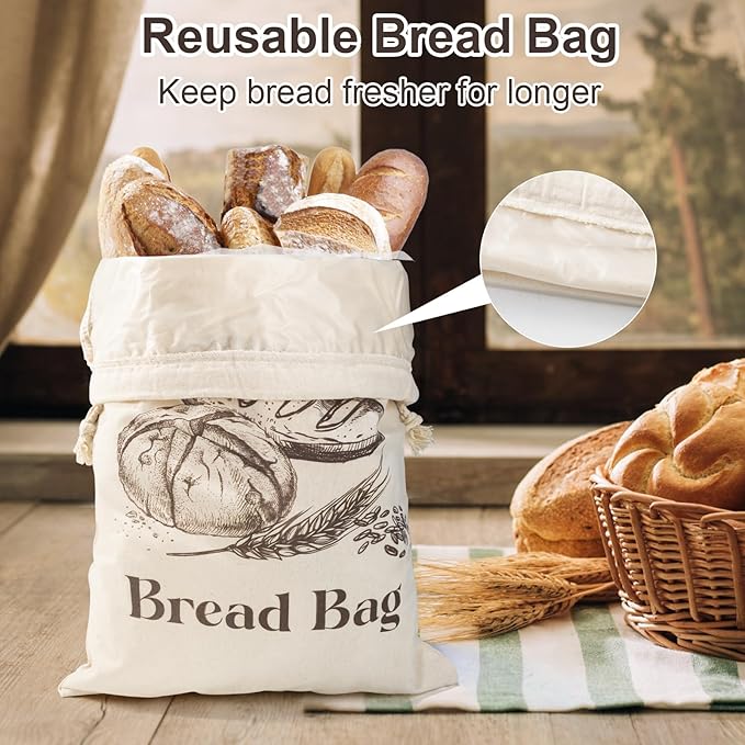 2 Pack Cotton Bread Bags for Homemade Bread, Large sourdough bread bags with TPU Lining, 12 X18 Inches Reusable Food Storage Bags (2)