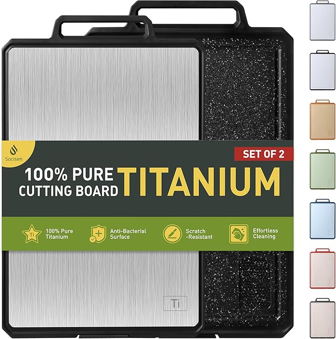 2 Packs Pure Titanium Cutting Boards for Kitchen Chopping Board with Handle Large Big Small Kitchen Meat Butcher Block 2 in 1 Titanium and Wheat Straw PP Not Wood Bamboo Plastic Silicone Black/Grey