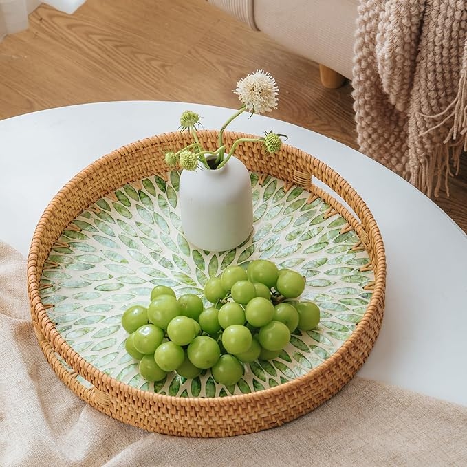 13.8 in Round Rattan Serving Tray with Handle, Mother of Pearl Inlay Wooden Base, Decorative Wicker for Table, Kitchen Island & Home Decor (Green Leaf)