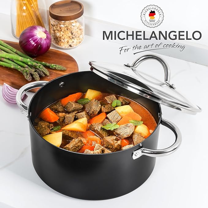 MICHELANGELO Stock Pot with Lid, Nonstick Cooking Pot, 5 Quart Soup Pot with Lid, Non Stick Pots with Stainless Steel Handle, Induction Compatible, Black