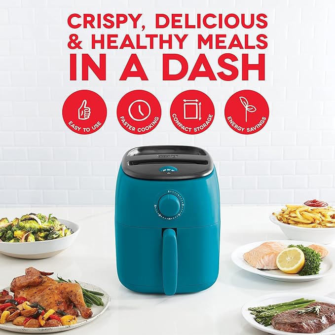 DASH Tasti-Crisp™ Electric Air Fryer Oven, 2.6 Qt., Teal – Compact Air Fryer for Healthier Food in Minutes, Ideal for Small Spaces - Auto Shut Off, Analog, 1000-Watt