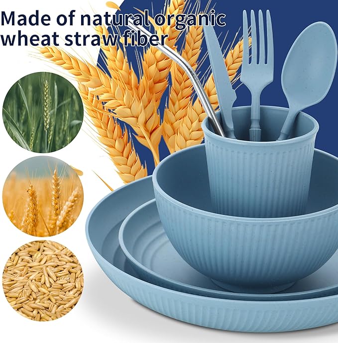 Wheat Straw Dinnerware Sets,42-Piece Plates and Bowls Sets for 6-Unbreakable,Reusable Plastic Dish Set-Dinner Plate/Cereal Bowl/Cup/Utensils-Microwavable Dishwasher Safe 42P-Blue