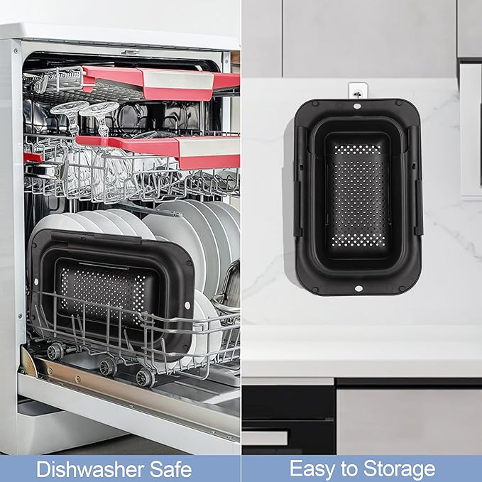 ROTTOGOON 7Qt Collapsible Colander Strainer, Expandable Over the Sink Colander, Adjustable Silicone Kitchen Sink Strainer, Foldable Large Colanders Basket to Wash Vegetable, Fruit, 15" to 19", Black