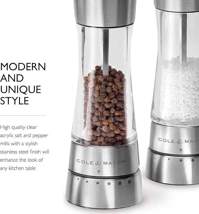 Cole & Mason Derwent Grinder Set - Precision Mechanisms and Sea Salt and Peppercorns - Derwent Salt and Pepper, Stainless Steel