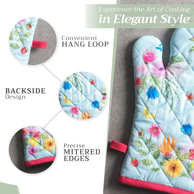 Maison d' Hermine Oven Gloves 100% Cotton Oven Mitt 7" x 13" with Loop Heat Resistant, BBQ, Cooking Gloves, Baking, Grilling, Kitchen, Handling Hot Pans Spring/Summer (Pack of 1, Jardin D'Ete - Mint)