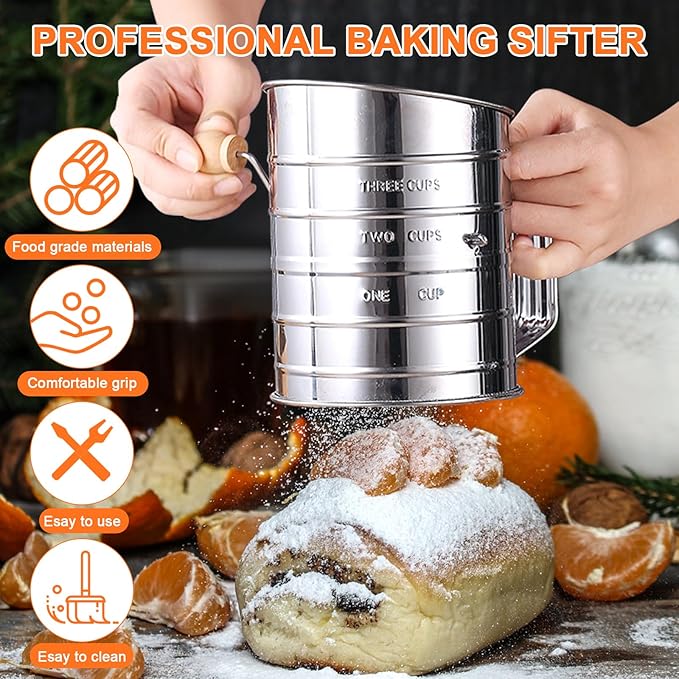 Flour Sifter,3 Cup with Scale Stainless Steel Flour Sifters,4 in 1 Baking Sifter Set with Powder Sugar Shaker Duster,Strainers Fine Mesh and Metal Scoop for Baking Cake,Pastries,Pies,Cupcakes,Desserts