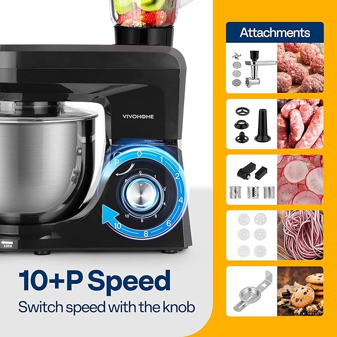 VIVOHOME 6 in 1 Multifunctional Stand Mixer with 8.5 Quart Stainless Steel Bowl, 660W 10 Speed Tilt-Head Meat Grinder, Juice Blender, Vegetable Slicer, Pasta and Cookie Maker, Black