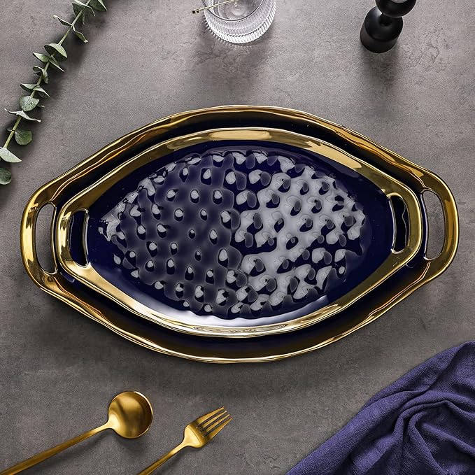 Stone Lain Florian Porcelain Large and Medium Oval Platters with Handle, Service Set, Blue with Gold Rim