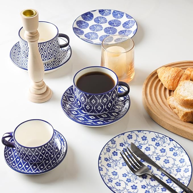 Selamica Ceramic Cappuccino Cups with Saucers and Metal Stand, 8 OZ Stackable Espresso Coffee Cups for Coffee, Latte, Americano, Tea, Set of 4, Vintage Blue