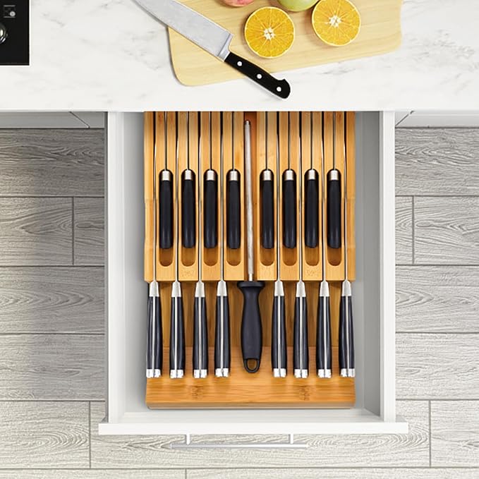 VaeFae In-Drawer Knife Block,Bamboo Knife Drawer Organizer Insert, Kitchen Knife Drawer Storage for 16 Knives PLUS a Slot for your Knife Sharpener (Without Knives)