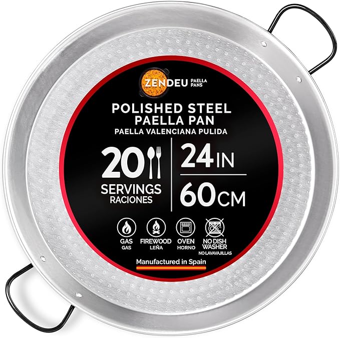 Paella Pan 24 inch - Carbon Steel Paella Pan, Made in Spain - Polished Steel, 24 in - 60 cm (20 Servings) Cook your own Spanish Paella