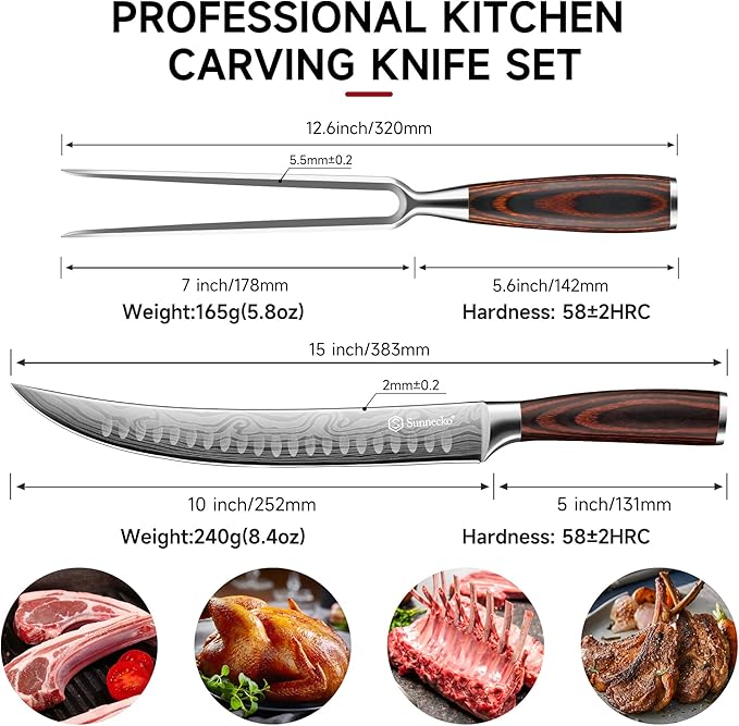 Sunnecko Butcher Knife,Razor Sharp Breaking Knife for Meat Cutting,High Carbon German Steel Carving Knives with Meat Fork