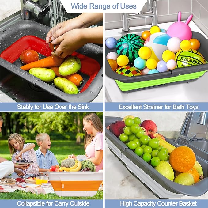 ROTTOGOON 7Qt Collapsible Colander Strainer, Expandable Over the Sink Colander, Adjustable Silicone Kitchen Sink Strainer, Foldable Large Colanders Basket to Wash Vegetable, Fruit, 15" to 19", Black