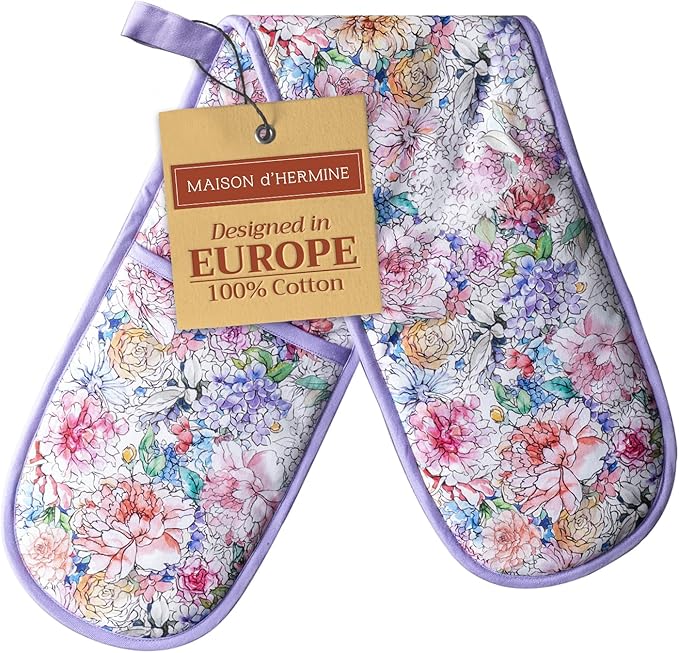 Maison d' Hermine Double Oven Mitts 100% Cotton 7"x35" Double Oven Mitt Heat Resistant BBQ Cooking Gloves with Loop, Baking, Grilling, Home, Kitchen, Handling Hot Pans Spring Summer (Floral Love)