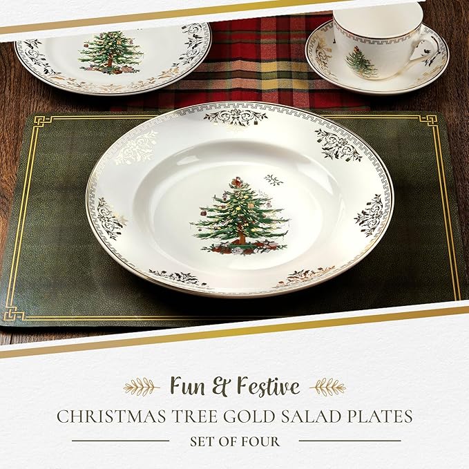 Spode Christmas Tree Gold Salad Plate (Set of 4) - 8-Inch Porcelain Dinner & Appetizer Plate, Christmas Dinnerware, Microwave & Dishwasher Safe, Festive Collectible Seasonal Dining Plate