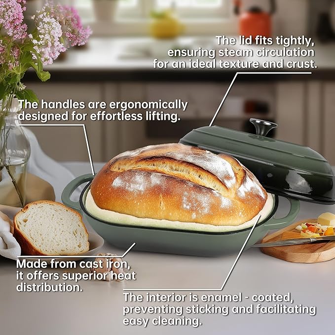 Premium Enameled Cast Iron Dutch Oven for Bread Baking | Non-Stick 5QT Oval Bread Oven with Lid | Perfect for Sourdough, Loaf, and Artisan Baking (Green, 5 QT)