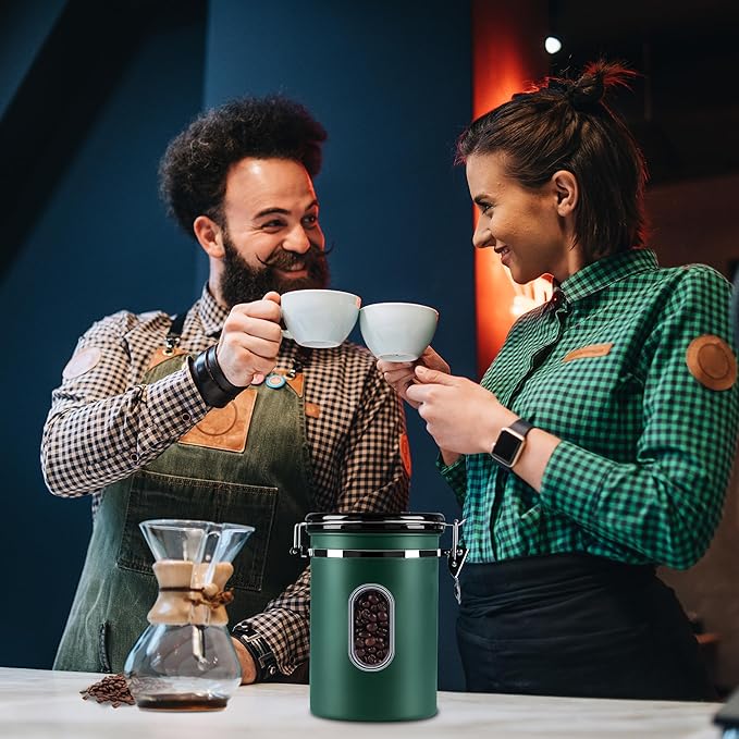 ROCKY&CHAO Airtight Coffee Canister with Date Tracker & Transparent Window, 22OZ Large Tea Coffee Canisters, Coffee Storage Canister, Coffee Container with 30ml Measure Spoon and 4 Co2 Valve(Green)