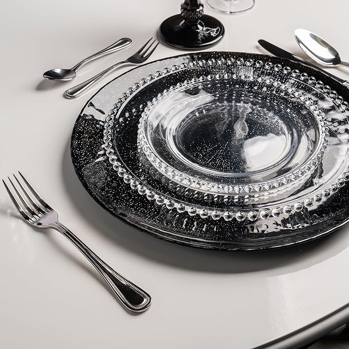 WOLFF - Set of 4 Pearl Beaded Crystal Dessert Plates - Salad, Appetizer or Starter Plate, Dinner Accessories, Decorative Dish, Crystal Kitchen Accessories - Luxury Dinnerware - Clear 8"