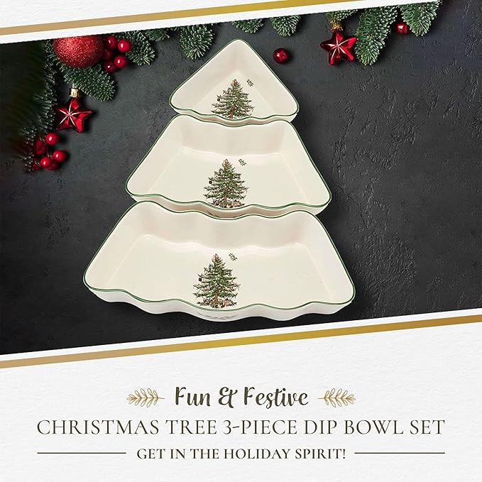 Spode Christmas Tree Dip Bowls - 3 Piece Ceramic Christmas Dipping Set - Festive Salsa Bowls for Holidays - Durable, Dishwasher Safe - Holiday Dinnerware