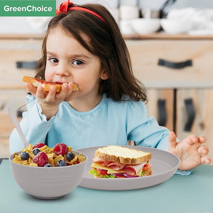 Wheat Straw Dinnerware Sets for 4 - GreenChoice Lightweight & Unbreakable Dishes Microwave & Dishwasher Safe Perfect for Camping, Picnic, RV, Dorm Plates, Cups and Bowls (Gray)