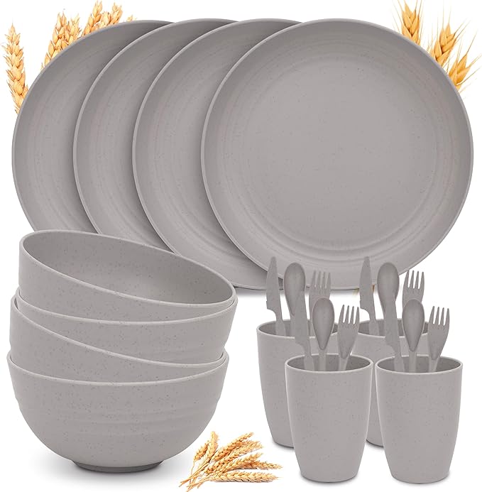 Wheat Straw Dinnerware Sets for 4 - GreenChoice Lightweight & Unbreakable Dishes Microwave & Dishwasher Safe Perfect for Camping, Picnic, RV, Dorm Plates, Cups and Bowls (Gray)