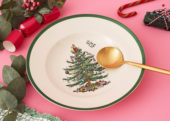 Spode Christmas Tree 9" Soup Plate (Set of 4) - Stoneware Soup Bowls with Festive Tree Design & Green Rim, Ideal for Serving Soup, Pasta, Salad - Microwave & Dishwasher Safe Holiday Dinnerware